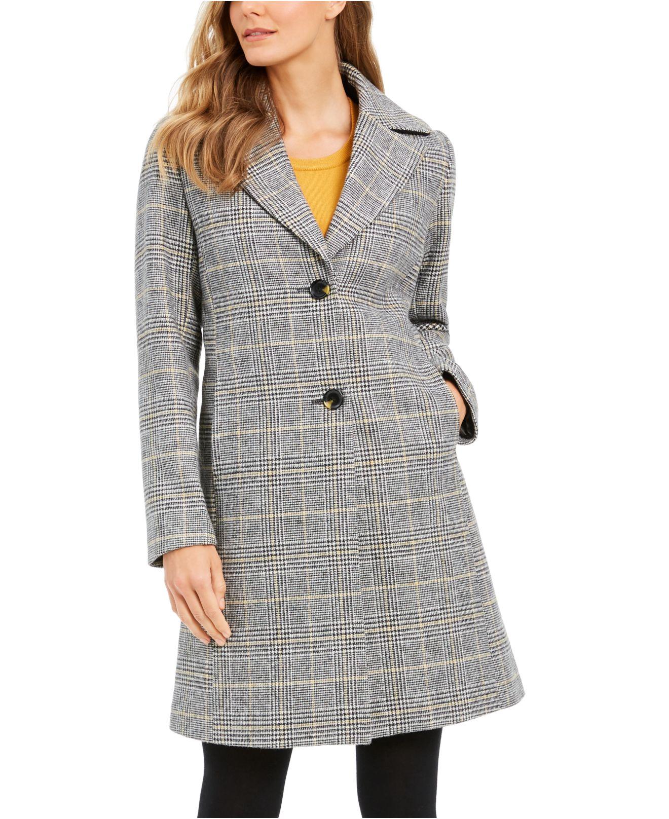 Tahari Wool Plaid Reefer Coat in Gray - Lyst