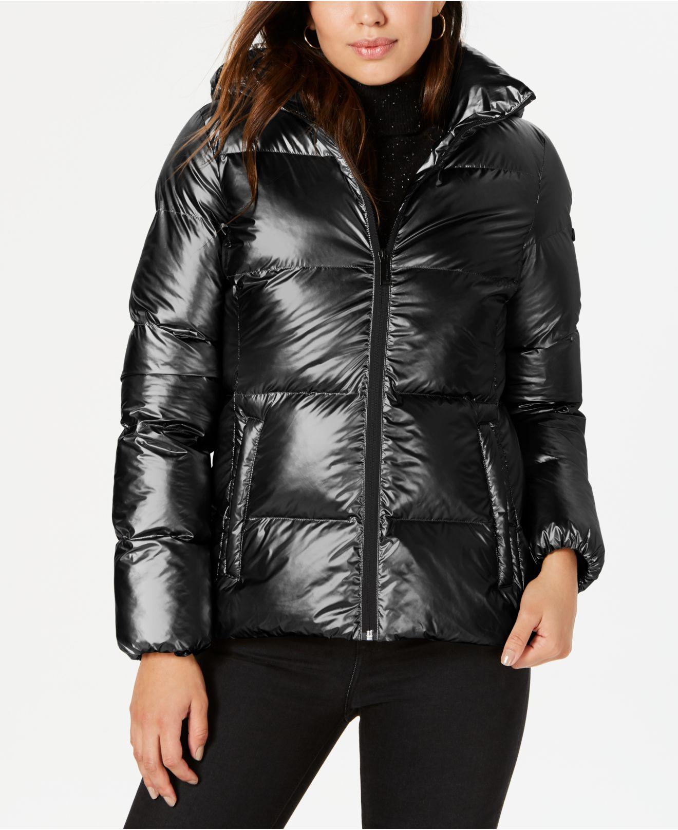 BCBGeneration Synthetic Hooded Metallic Puffer Coat in Black - Lyst