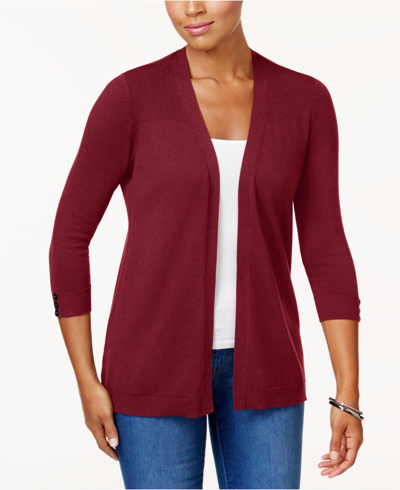 Karen Scott Cotton Open-Front Cardigan Garnet M