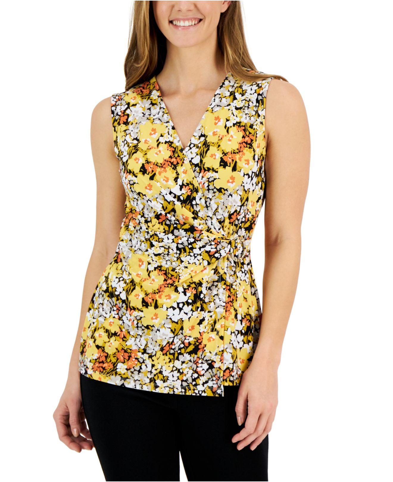Kasper Floral-print Knit Sleeveless Wrap Top in Yellow | Lyst