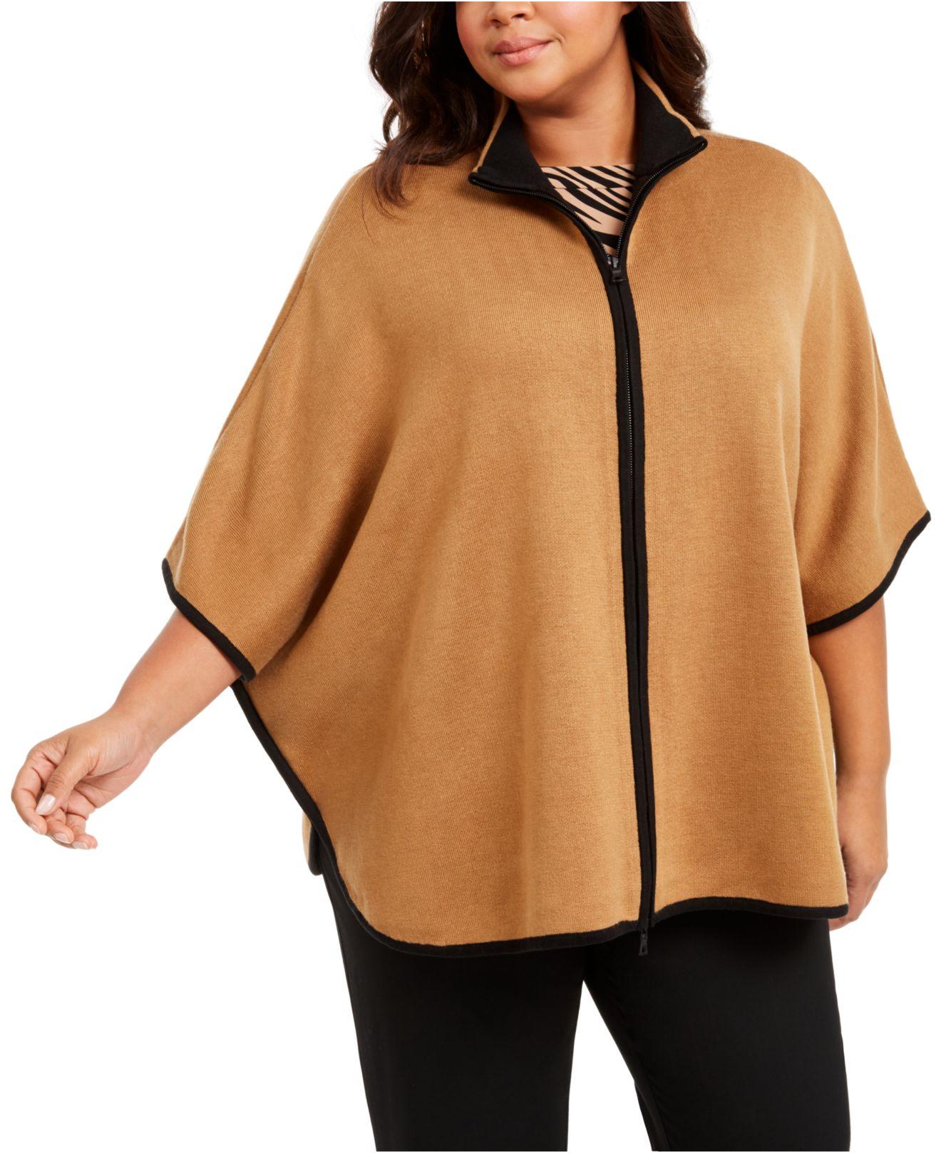 Anne Klein Cotton Plus Size Zip-up Poncho Sweater in Natural - Lyst