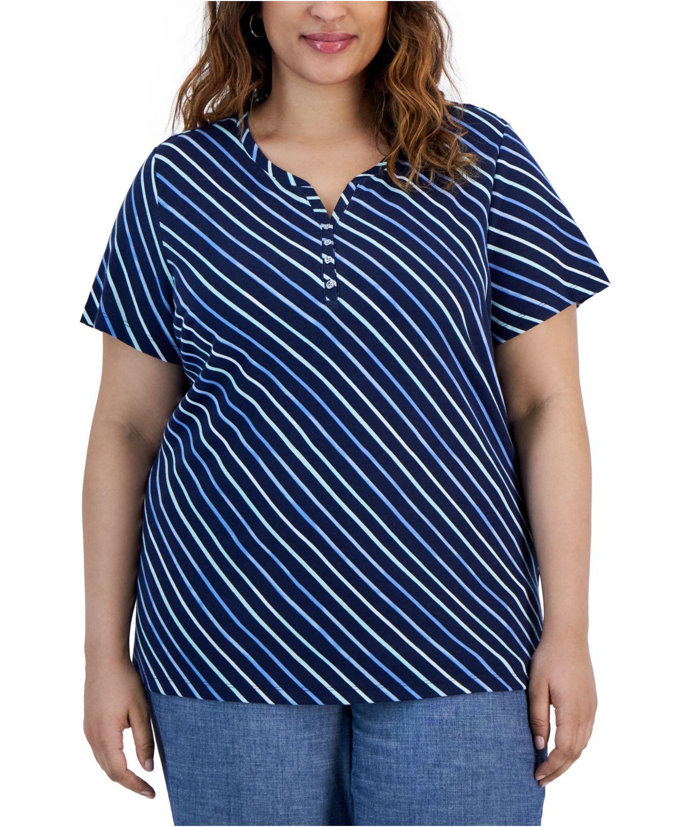 Karen Scott Plus Size Short-sleeve Striped Henley Top, Created For Macy ...