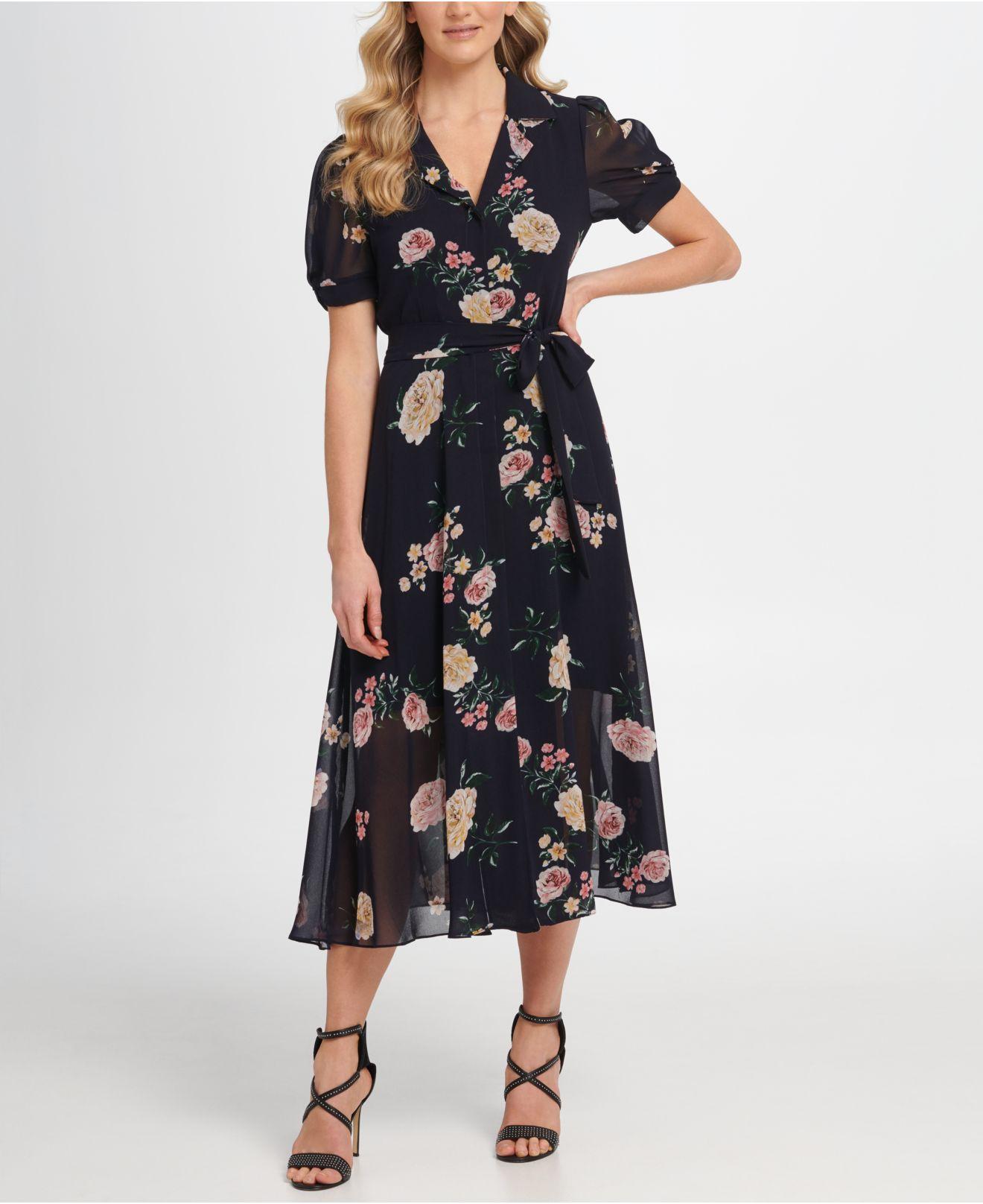 DKNY Synthetic Floral Puff Sleeve Midi ...