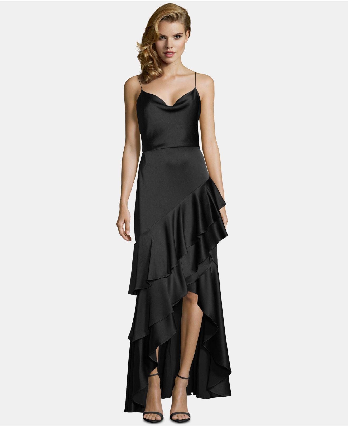 Betsy & Adam Ruffled Satin High-low Gown in Black - Lyst