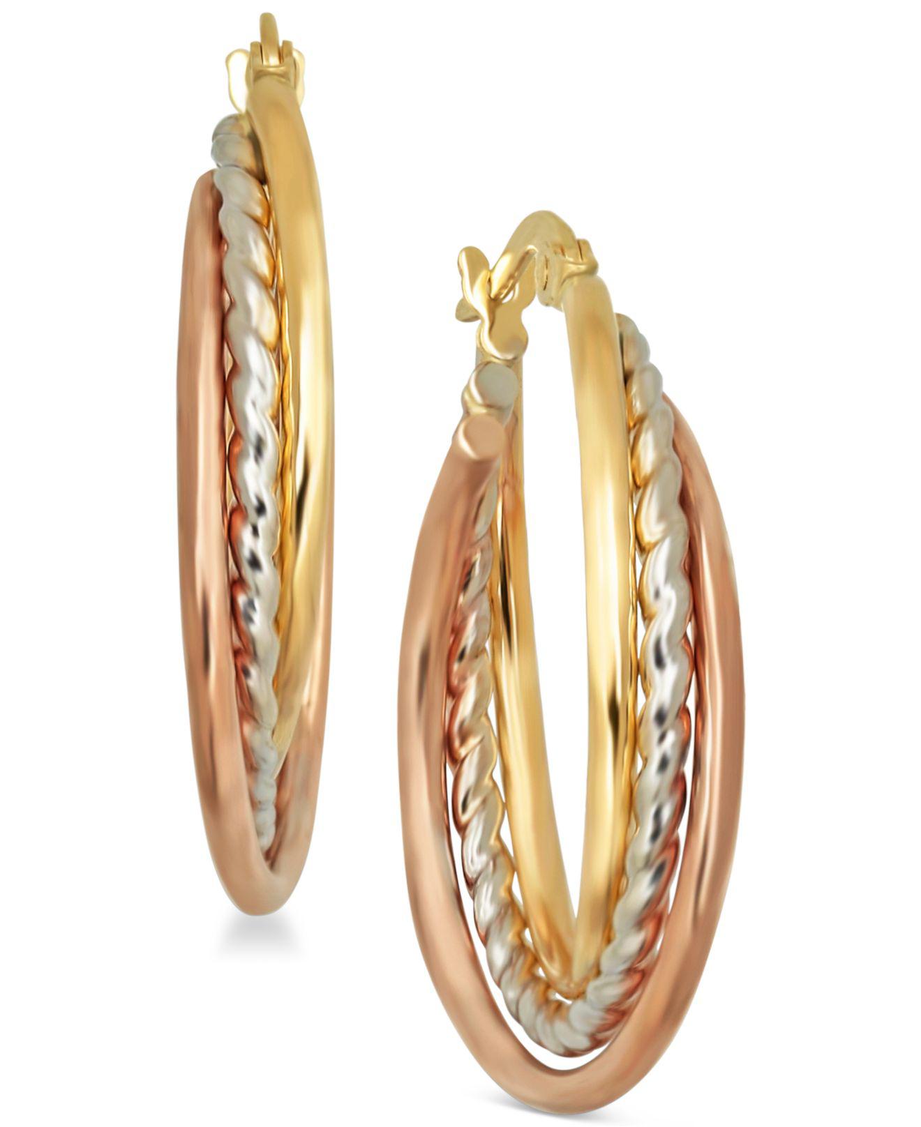 Macys Tri Color Triple Hoop Earrings In 14k Gold And White And Rose Rhodium Plate In Metallic