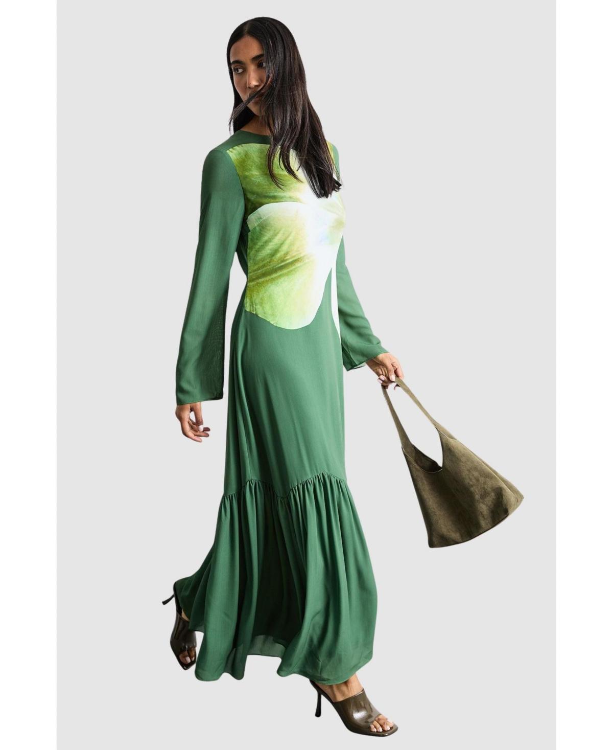 midi dresses warehouse Floral Warehouse Viscose V Neck Long Puff Sleeve Midi Dress