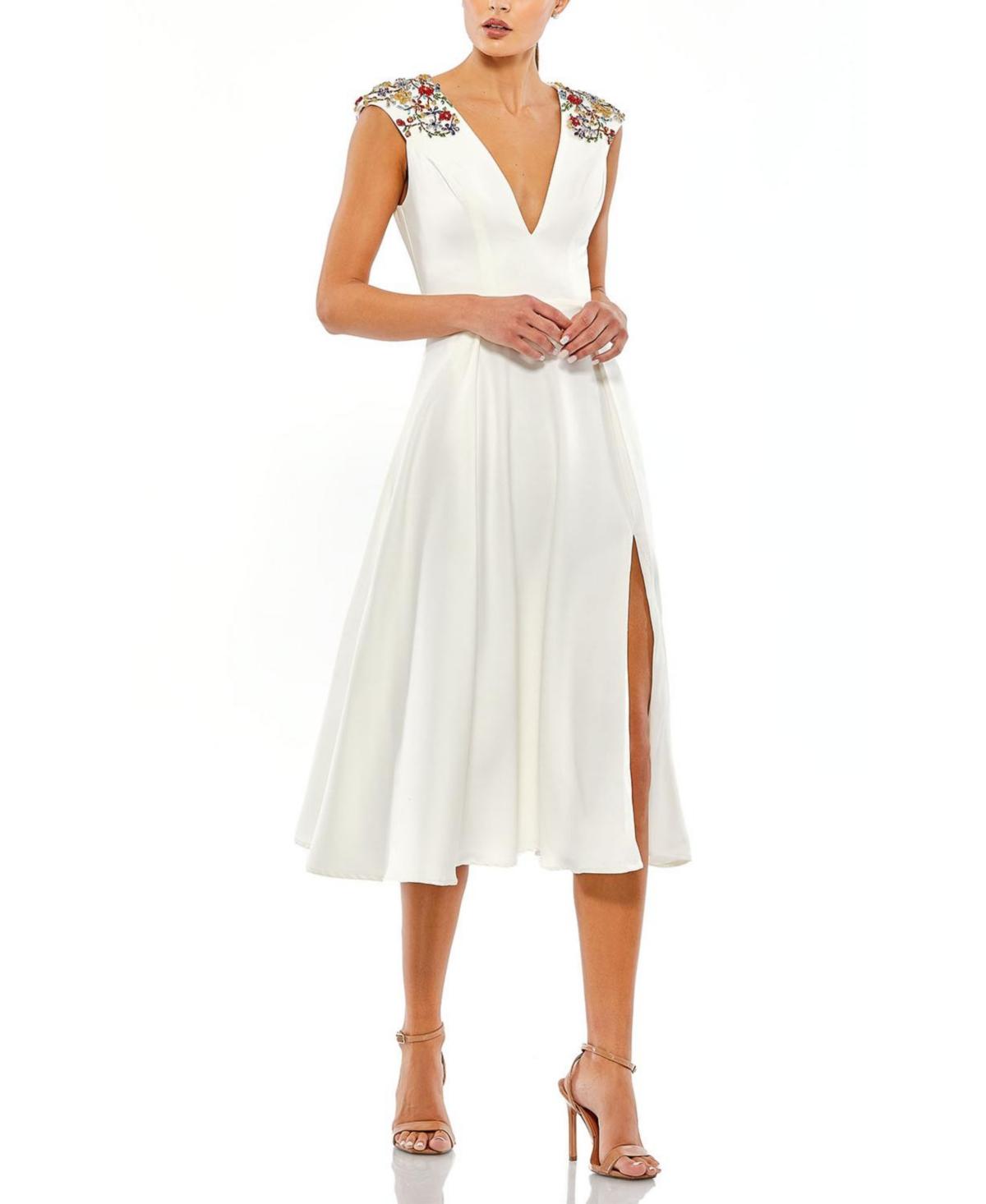 Mac Duggal Ieena Beaded Cap Sleeve A Line Midi Dress in White | Lyst
