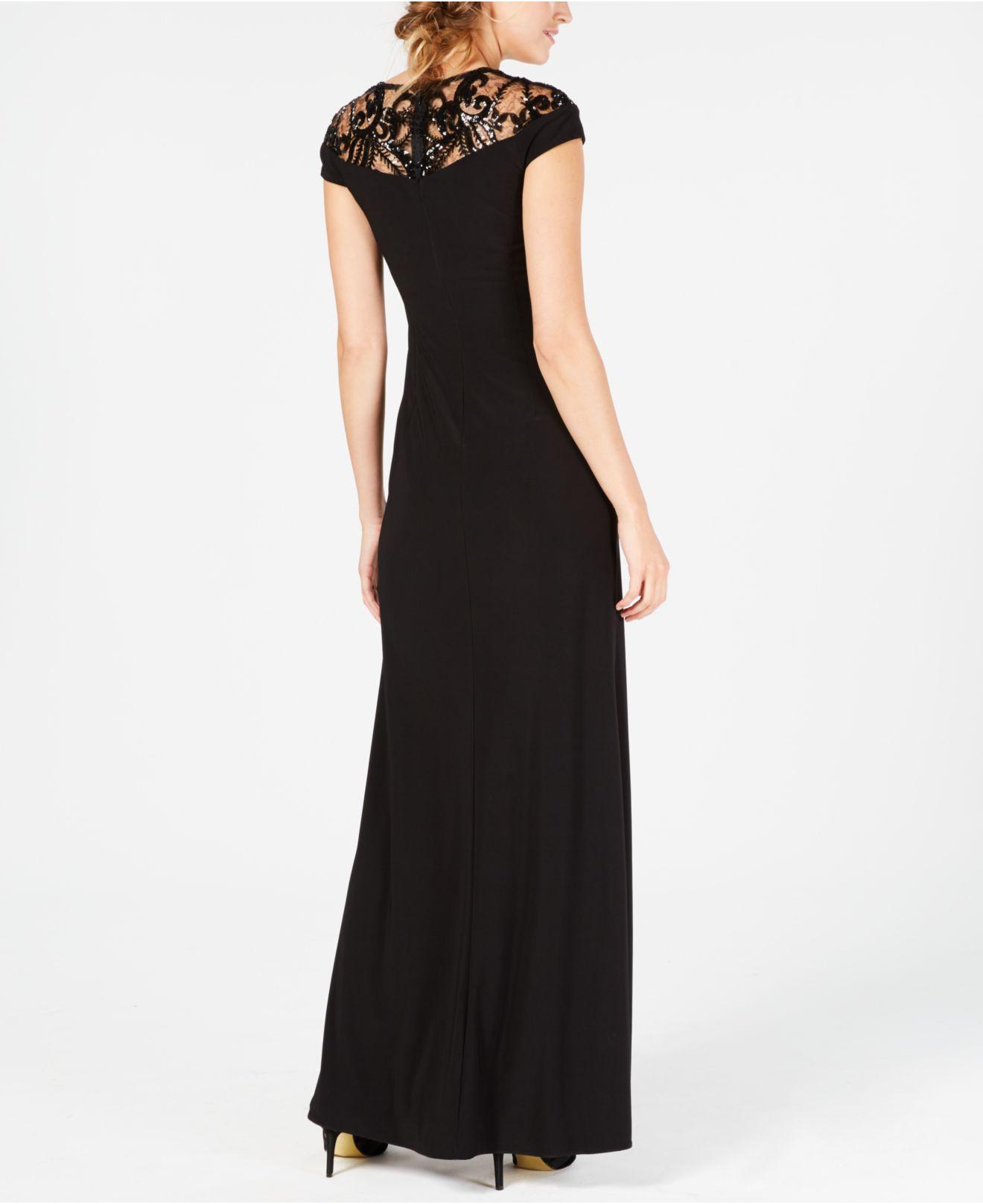 Adrianna Papell Synthetic Papell Sequin Embellished Illusion-lace Gown in  Black | Lyst
