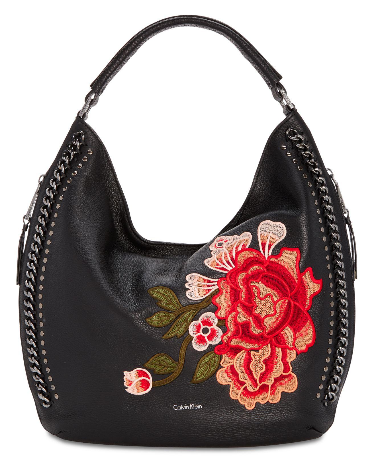 Calvin Klein Leather Flower Embroidery Hobo (flower) Hobo Handbags in