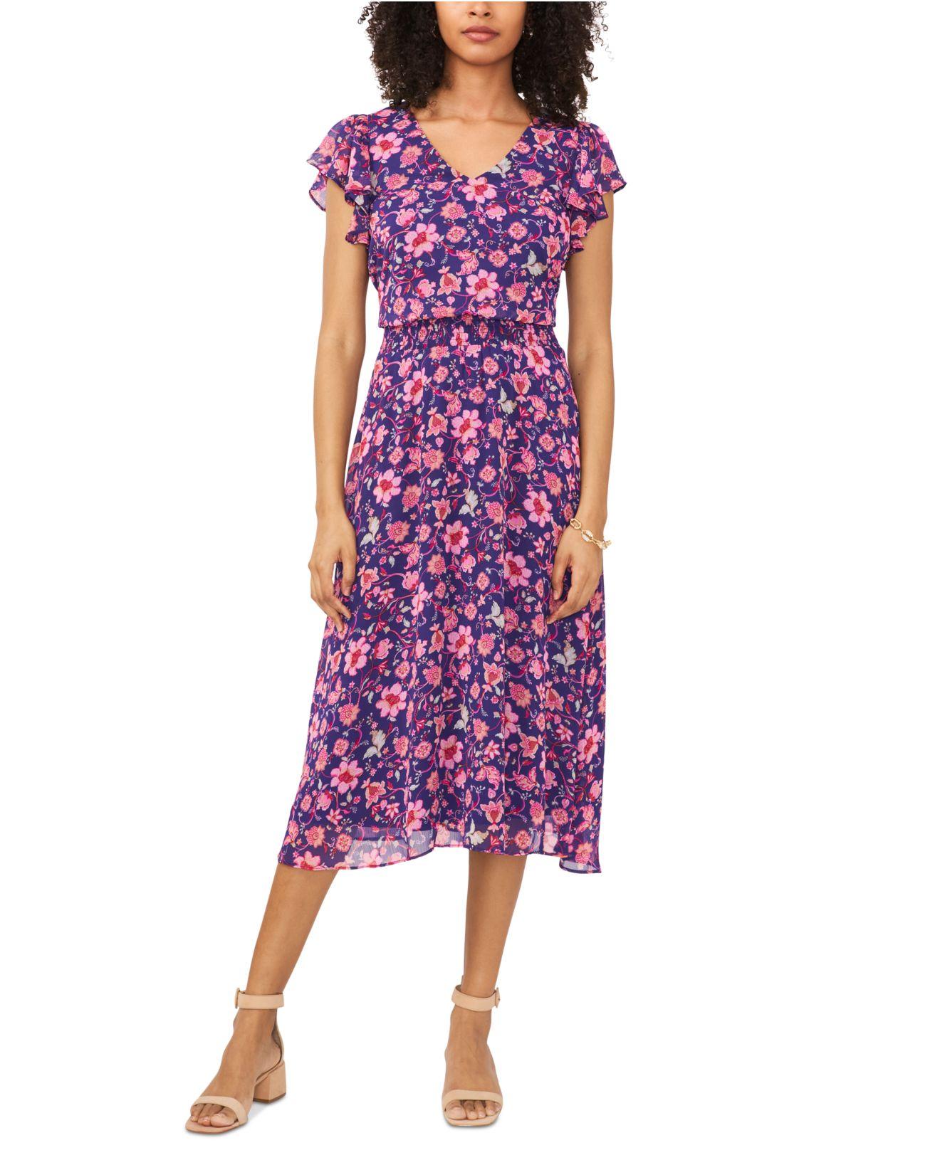Msk Petite Floral-print Flutter-sleeve Midi Dress in Purple | Lyst