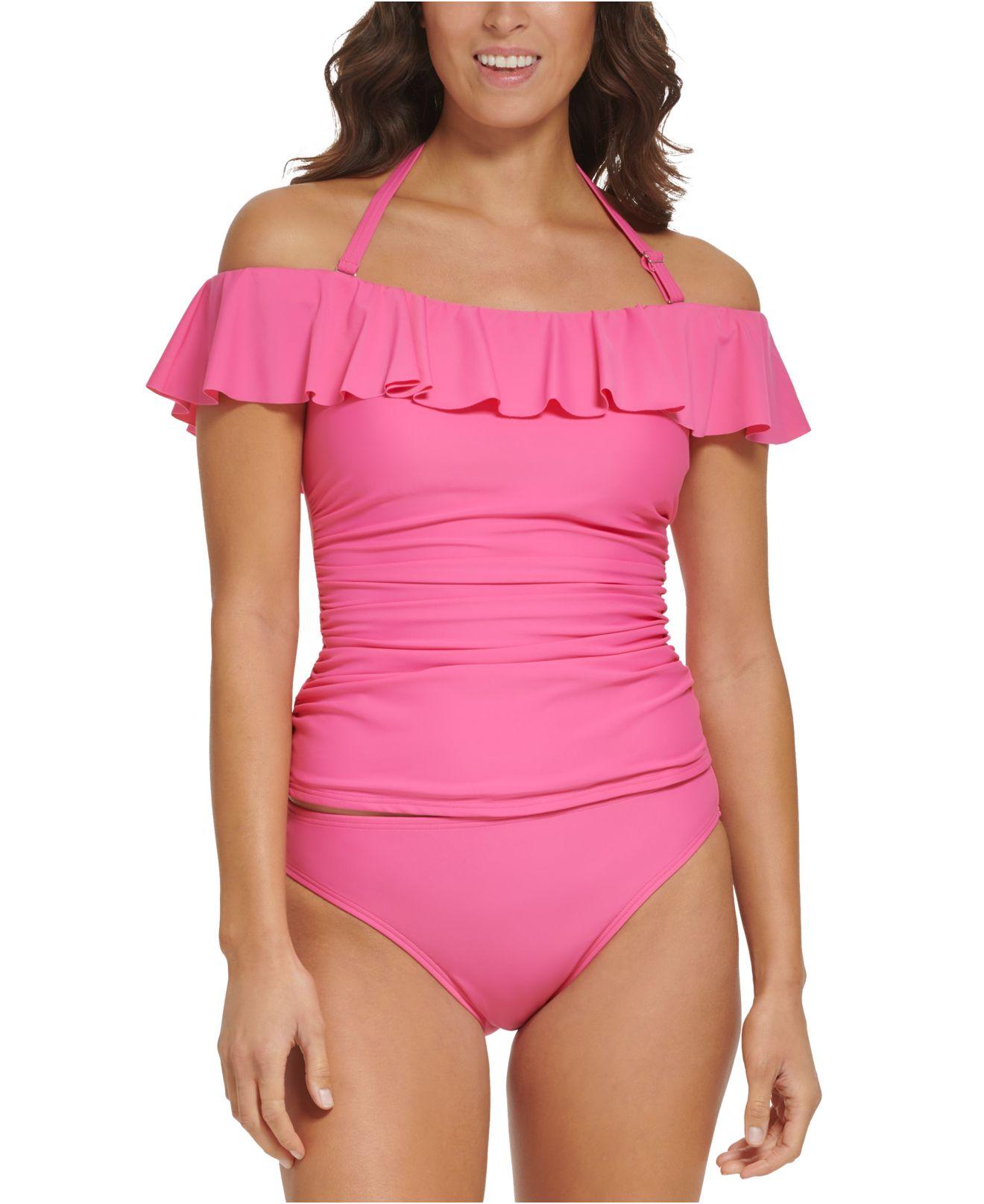 Tommy Hilfiger Off-the-shoulder Ruffled Tankini Top & Hipster Bikini  Bottoms in Pink | Lyst