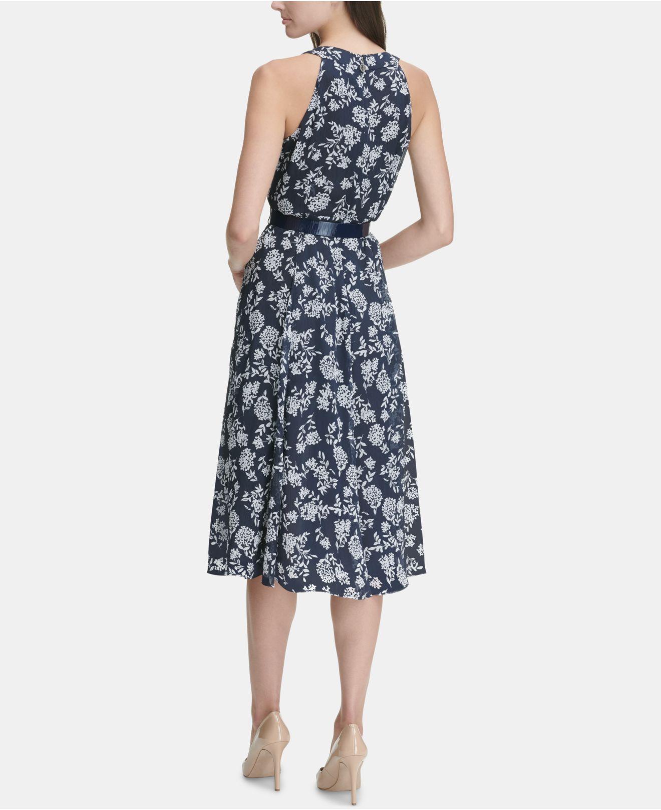 tommy hilfiger printed belted halter midi dress