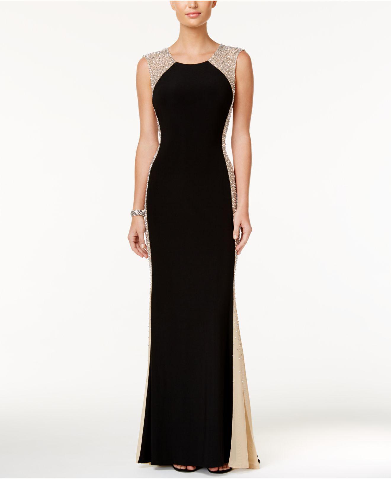 xscape caviar beaded illusion gown