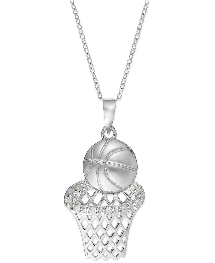 Macy's Diamond Basketball And Hoop Pendant Necklace In Sterling Silver
