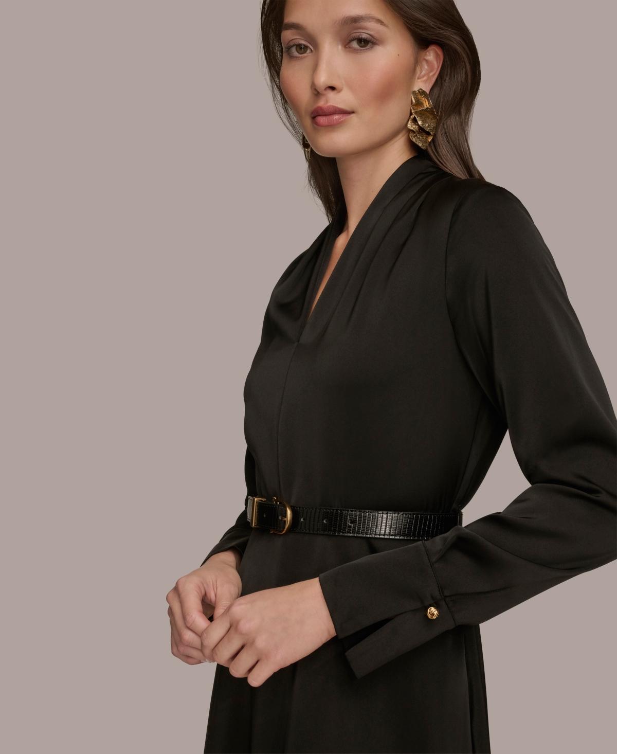 Donna Karan Satin V-neck Belted A-line Midi Dress in Black