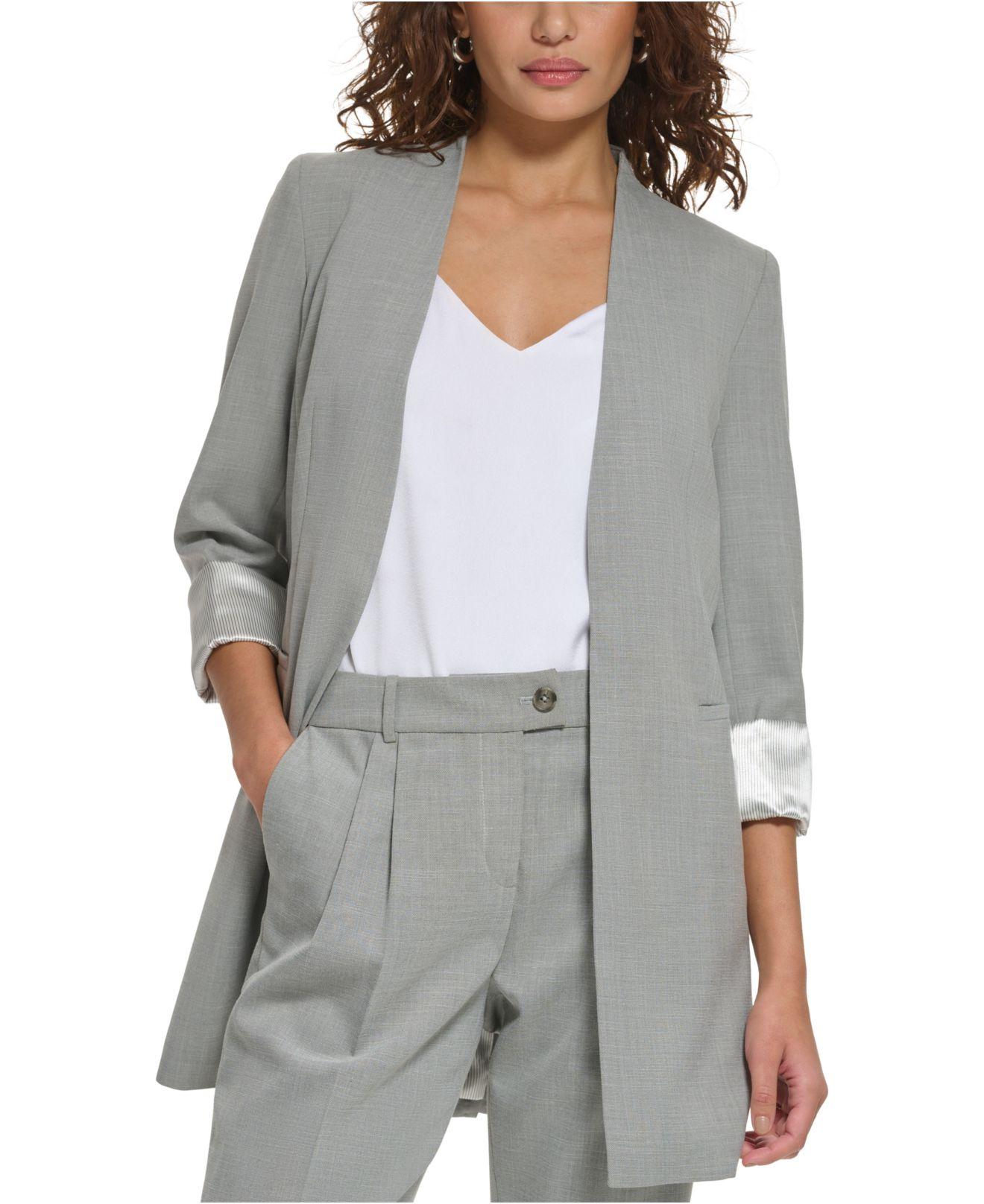Calvin Klein Petite Open-front Rolled-sleeve Blazer in Gray | Lyst