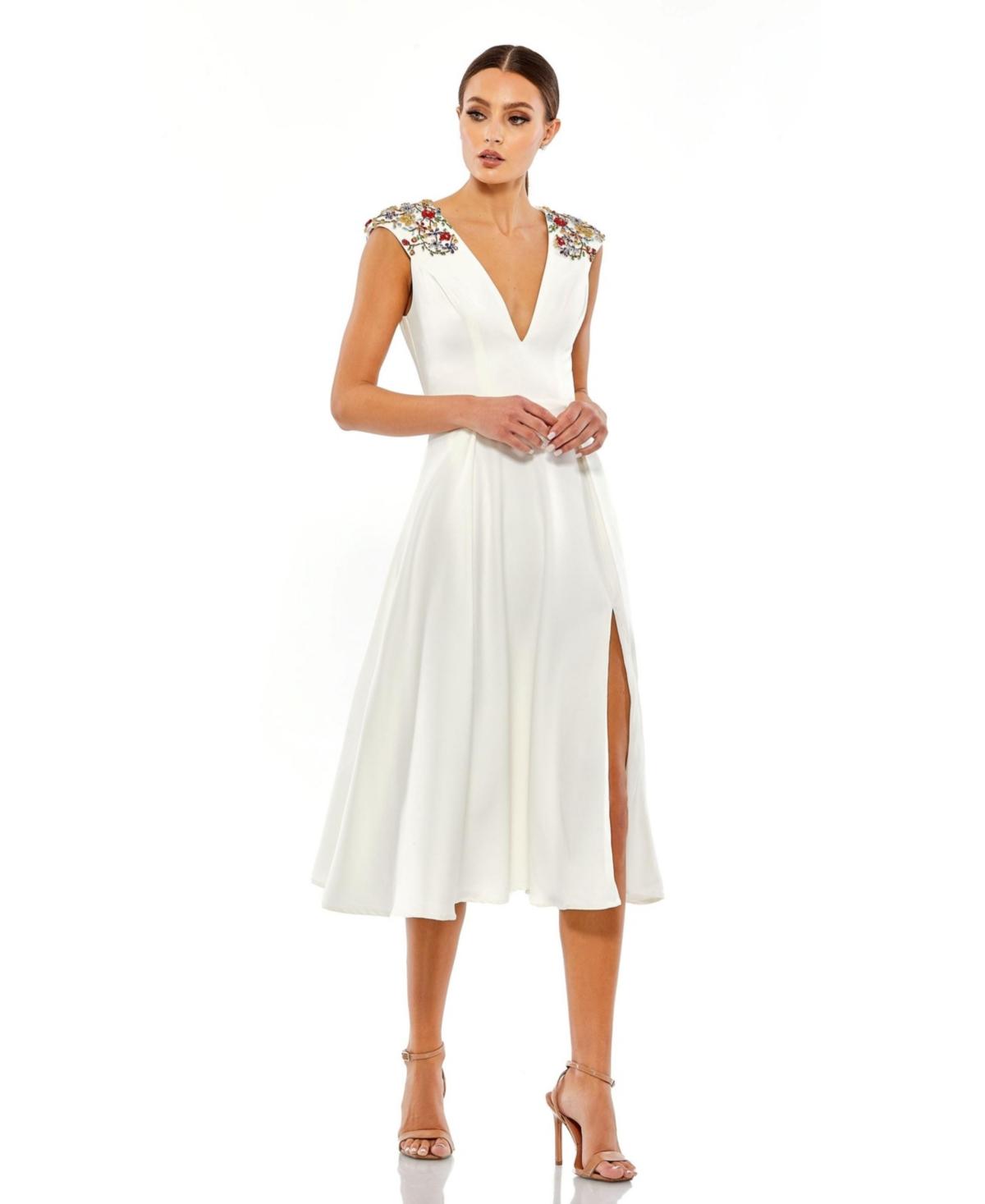 Mac Duggal Ieena Beaded Cap Sleeve A Line Midi Dress in White | Lyst