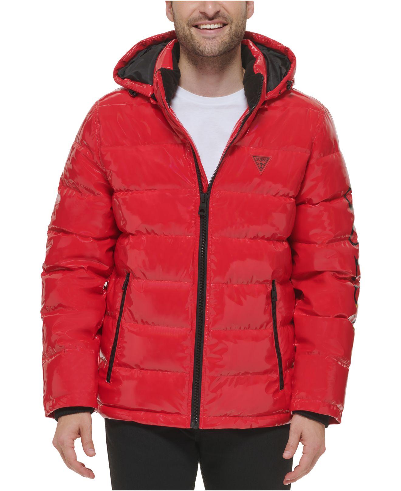 Guess Holographic Hooded Puffer Jacket in Red for Men | Lyst