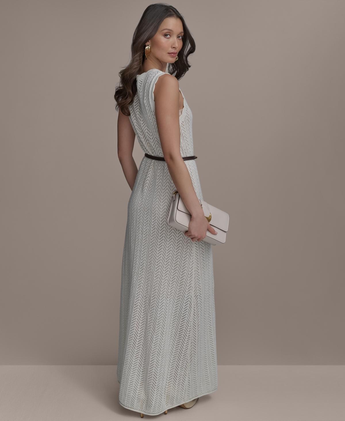 【Donna Karan New York】Pointelle Knit Belted Dress Donna Karan Pointelle Knit Belted Dress in Natural | Lyst