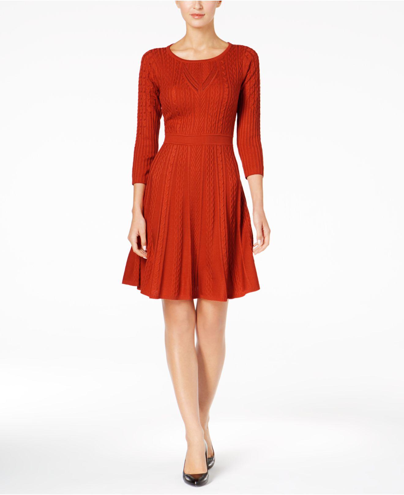Calvin Klein Synthetic Fit & Flare Sweater Dress in Red - Lyst