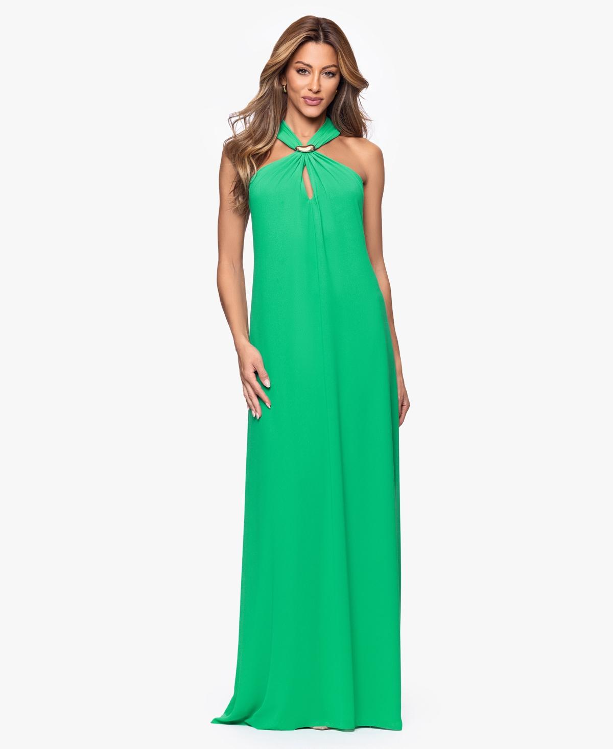 slim fit dress slacks Xscape Evenings Women's Halter Neck Satin Trumpet Gown - Green
