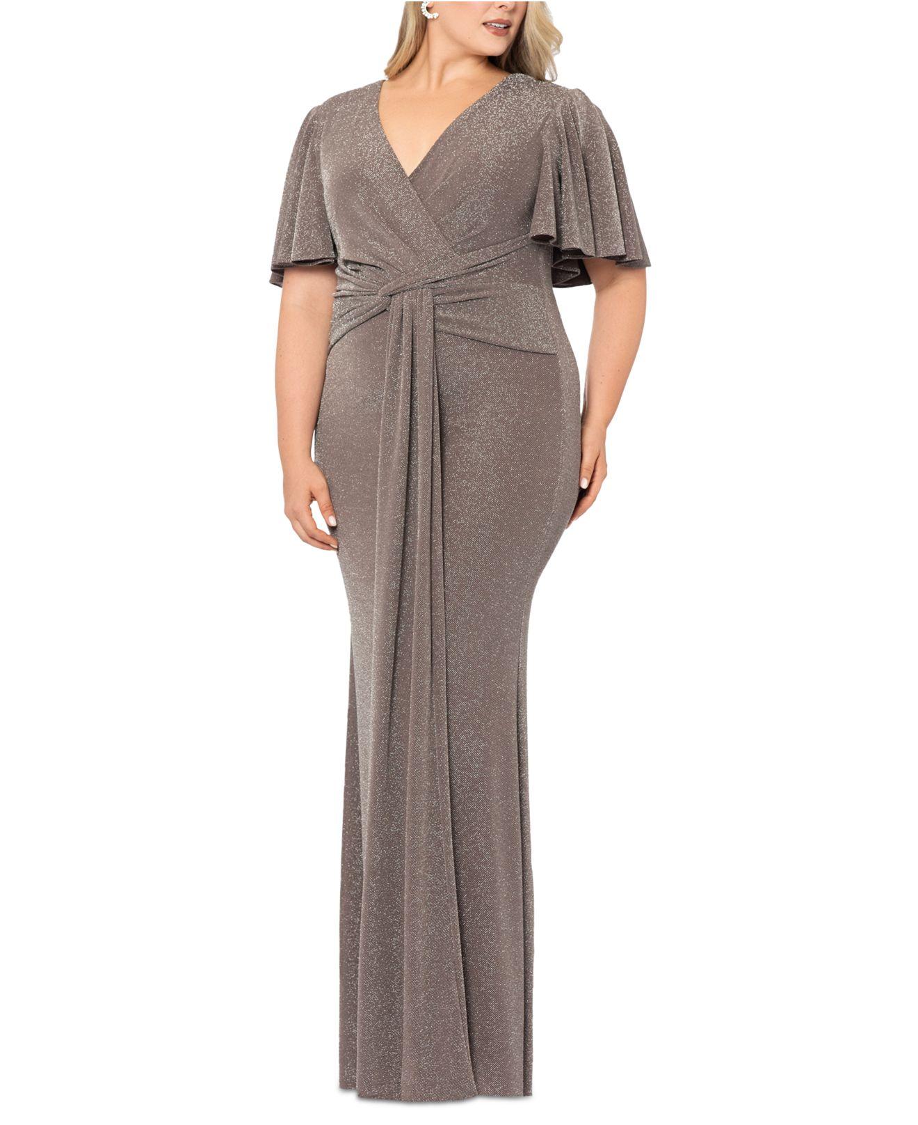 Betsy & Adam Plus Size V-neck Twist-front Glitter Gown in Brown | Lyst