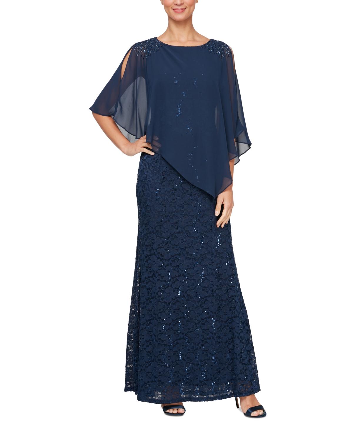 Sl Fashions Petite Round-neck Sequin Lace Cape Dress in Blue | Lyst Sl Fashions Petite Round-neck Sequin Lace Cape Dress in Blue | Lyst