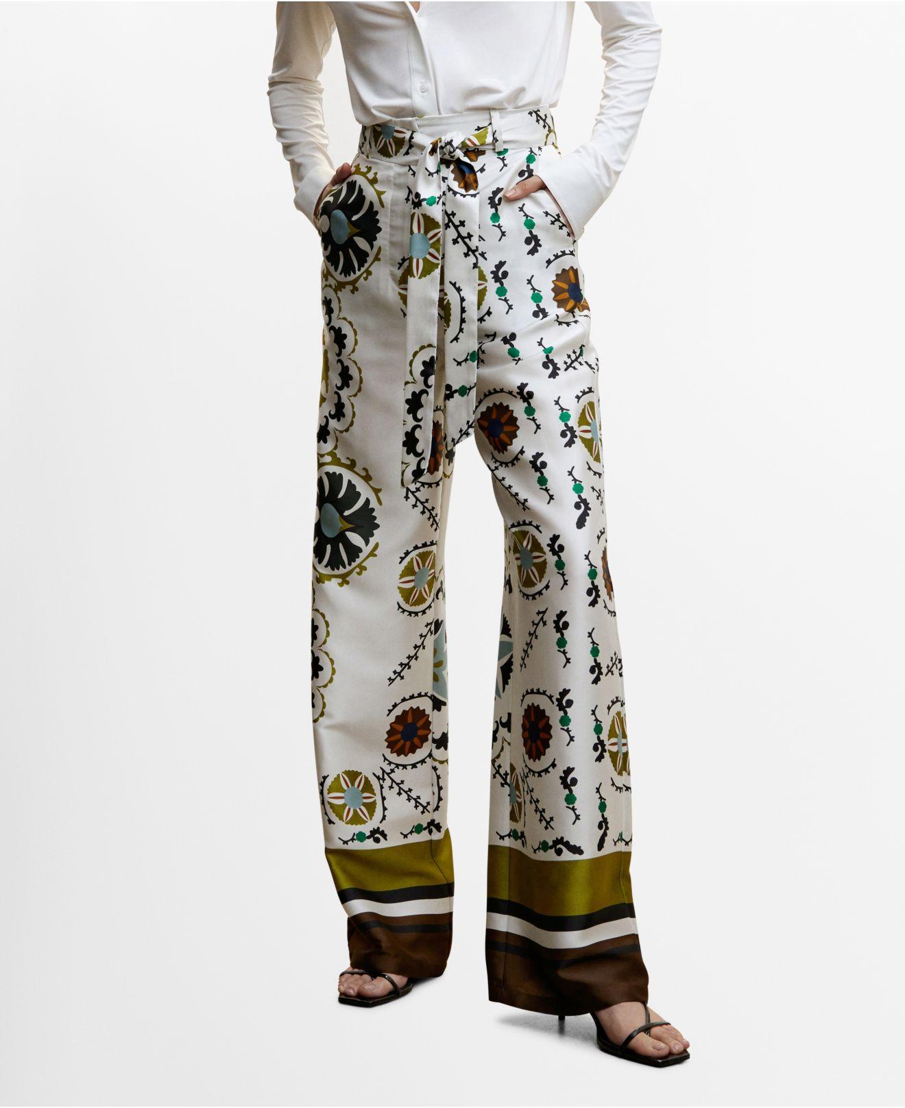 Mango Satin Printed Pants in White | Lyst