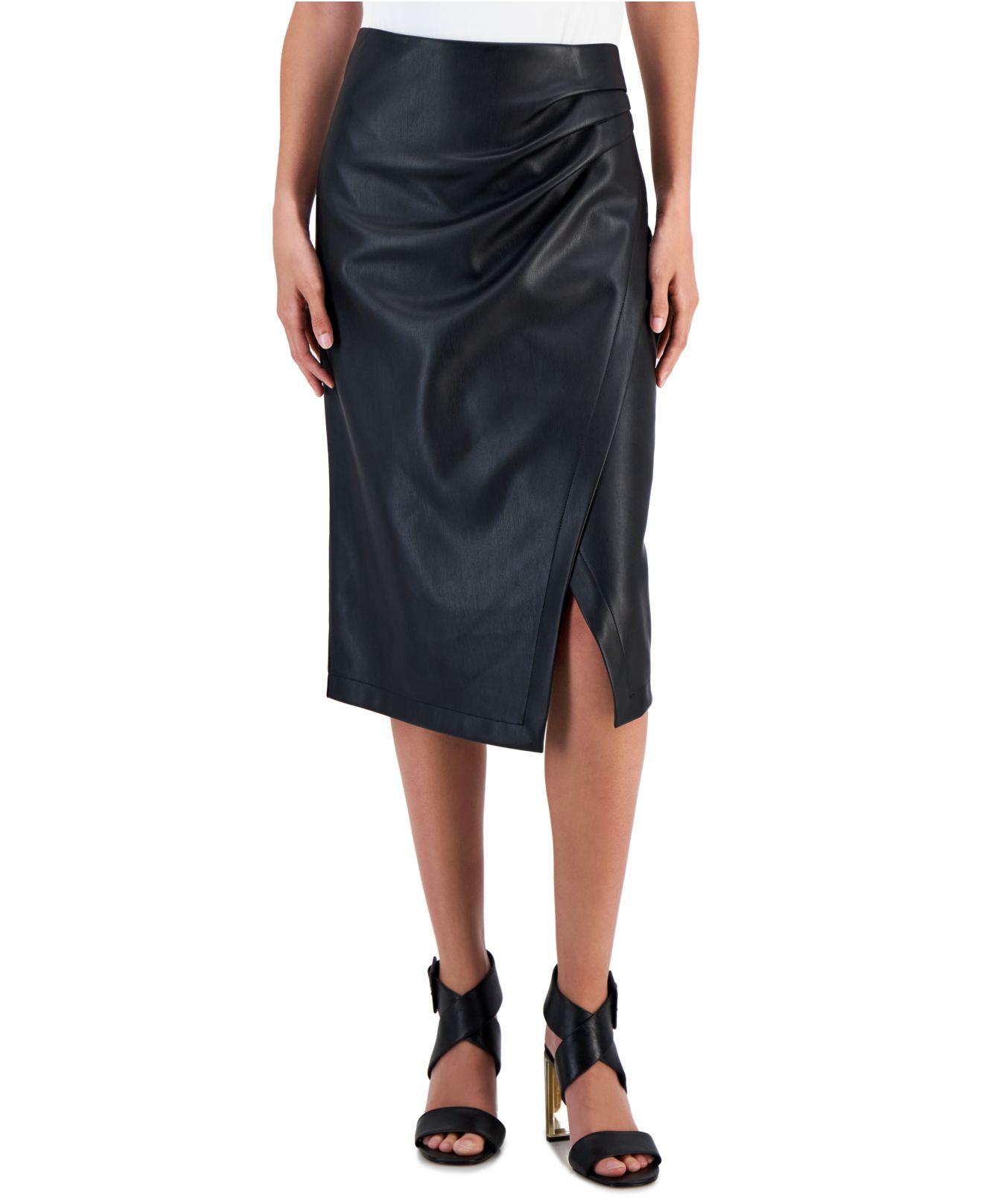 T Tahari Vegan Leather Midi Wrap Skirt in Black | Lyst