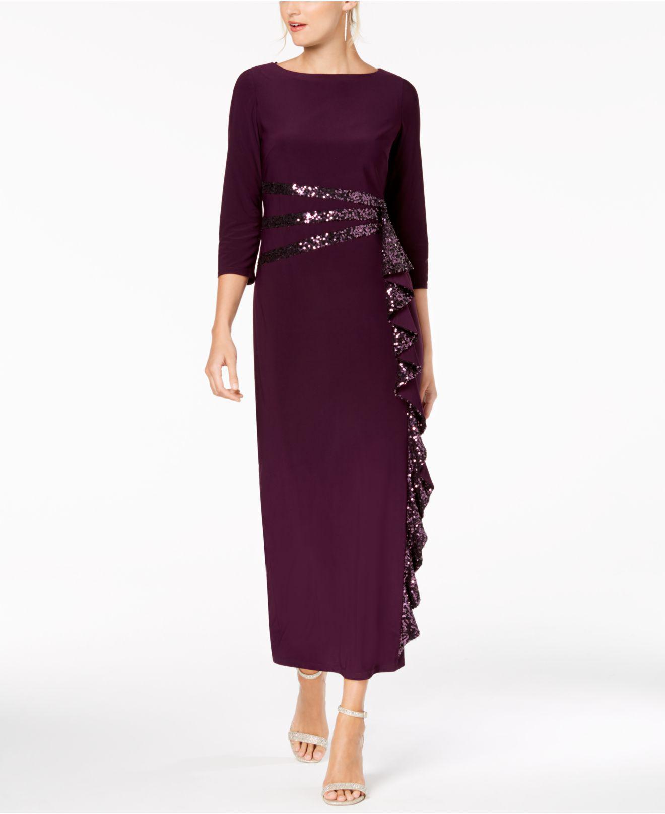 R & M Richards Synthetic Cascading Sequin-embellished Dress in Plum ...