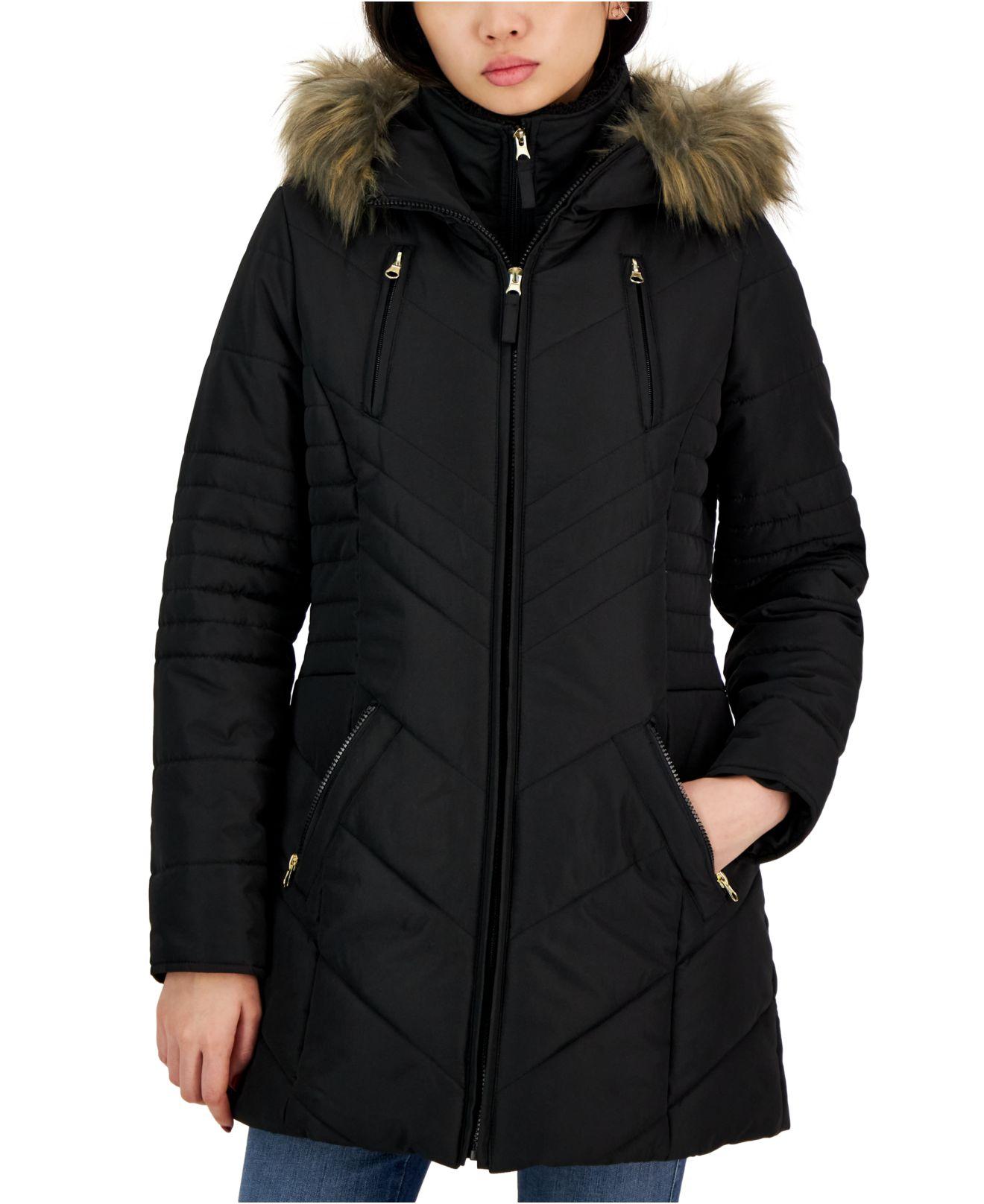 Maralyn & Me Juniors' Bibbed Faux-fur-trim Hooded Puffer Coat, Created For  Macy's in Black | Lyst