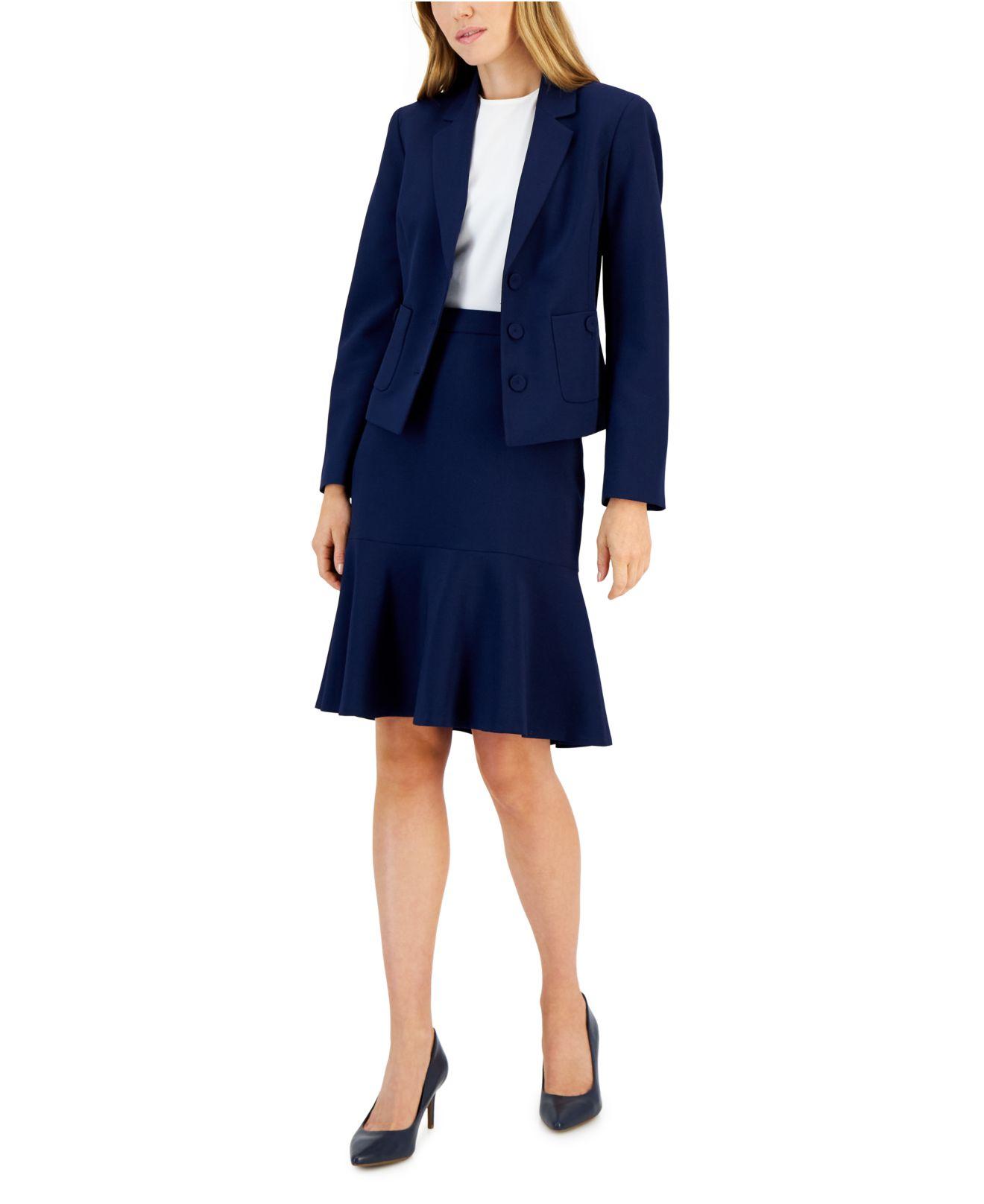 Le Suit Crepe Buttonfront Flounce Skirt Suit, Regular And Petite Sizes