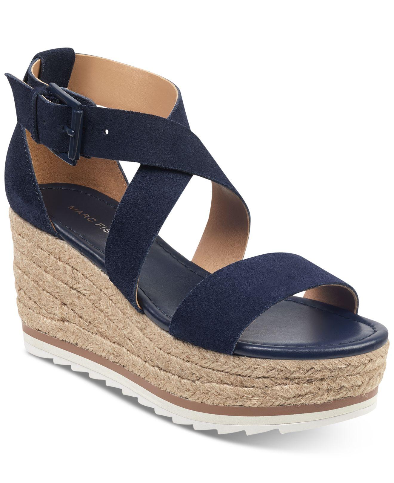 Marc Fisher Leather Zendra Wedge Sandals in Dark Blue Suede (Blue) - Lyst