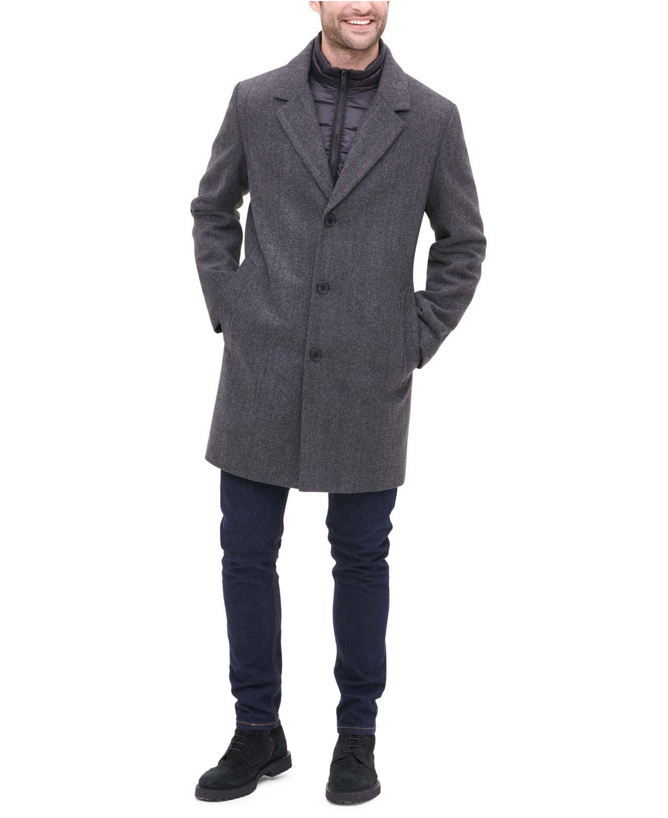 DKNY Mens Wool Blend Coat with Removable Quilted Bib