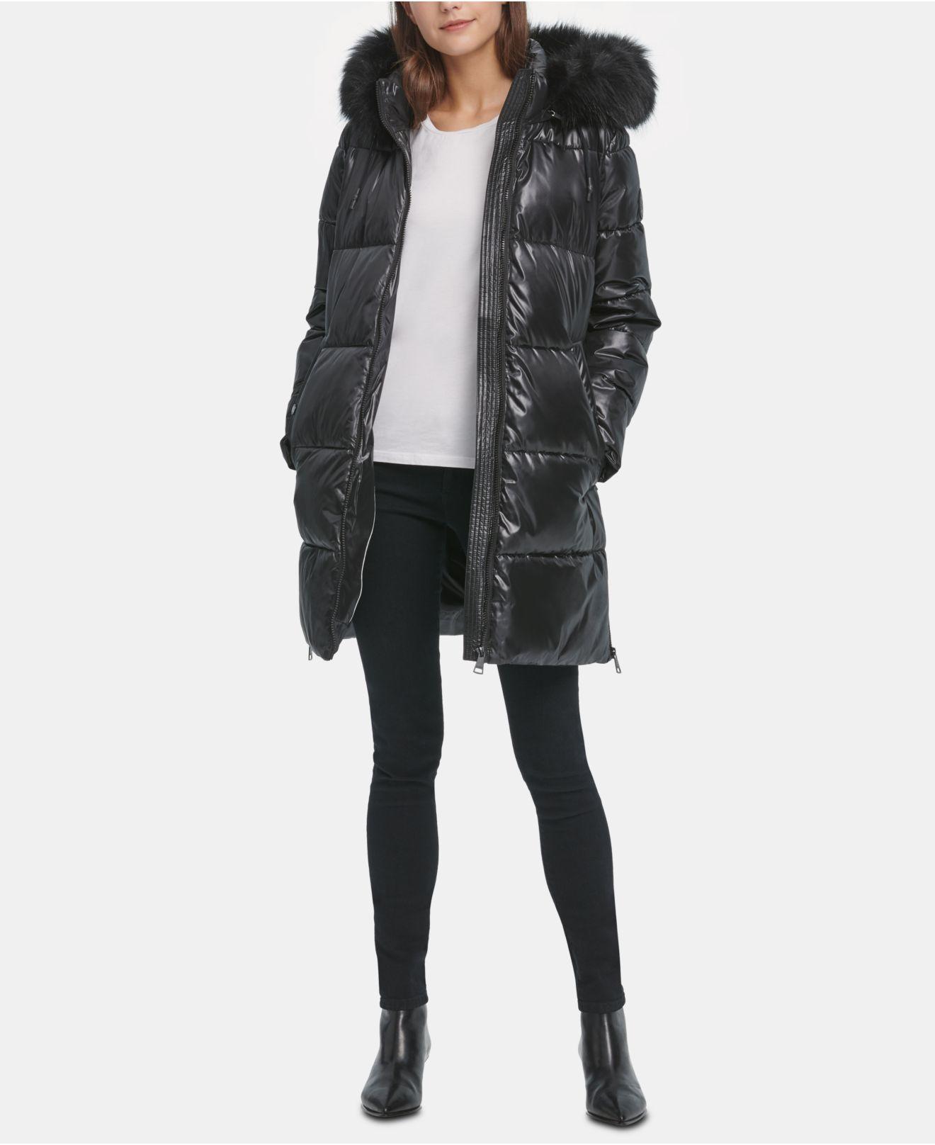 DKNY High-shine Faux-fur-trim Hooded Puffer Coat in Black - Lyst