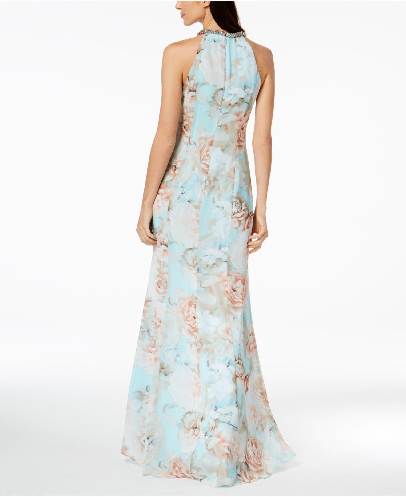 Calvin Klein Floral Draped Chiffon Halter Gown in Blue | Lyst