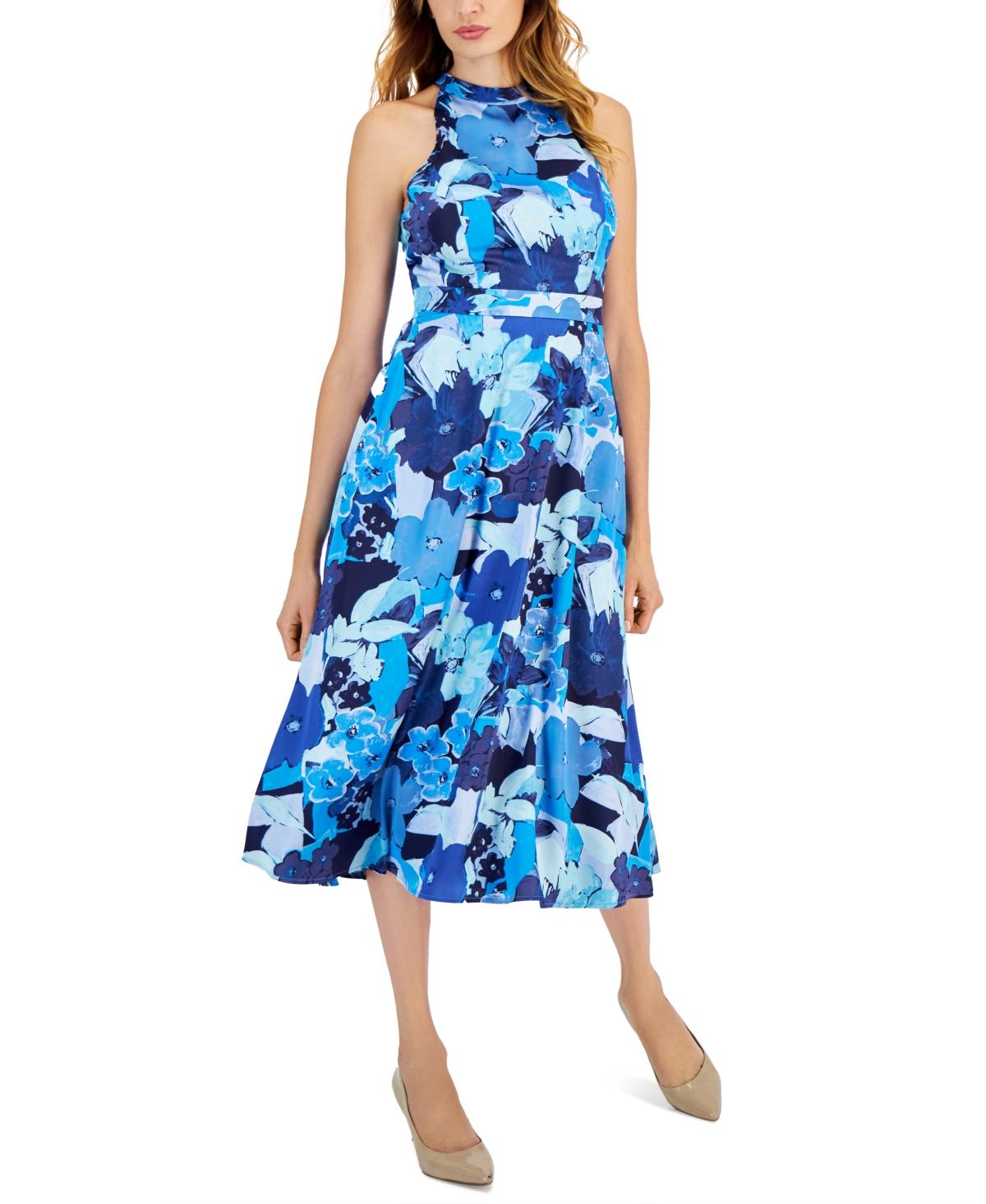 Tahari Tie-back Sleeveless Midi Dress in Blue | Lyst