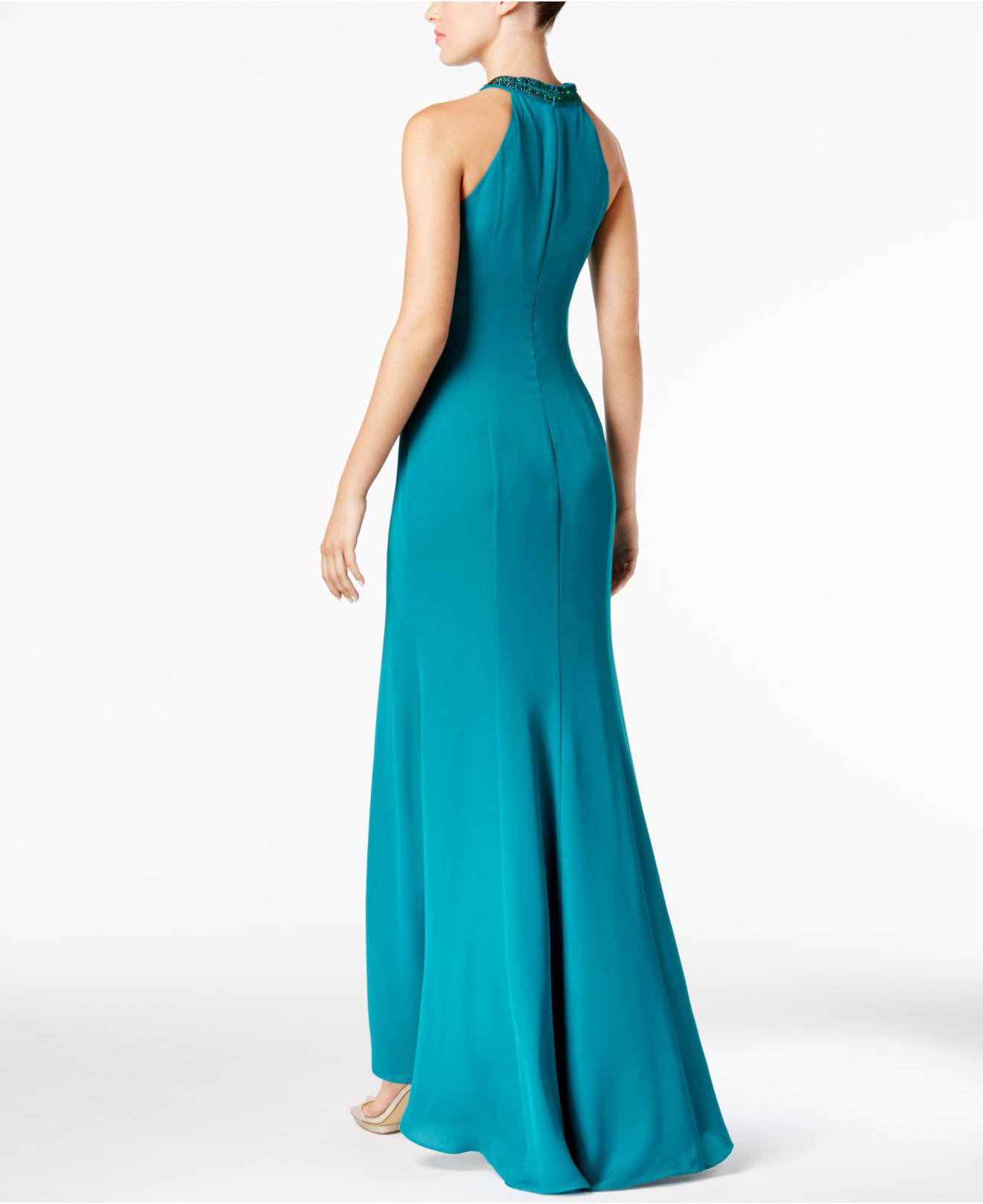 calvin klein draped chiffon halter gown