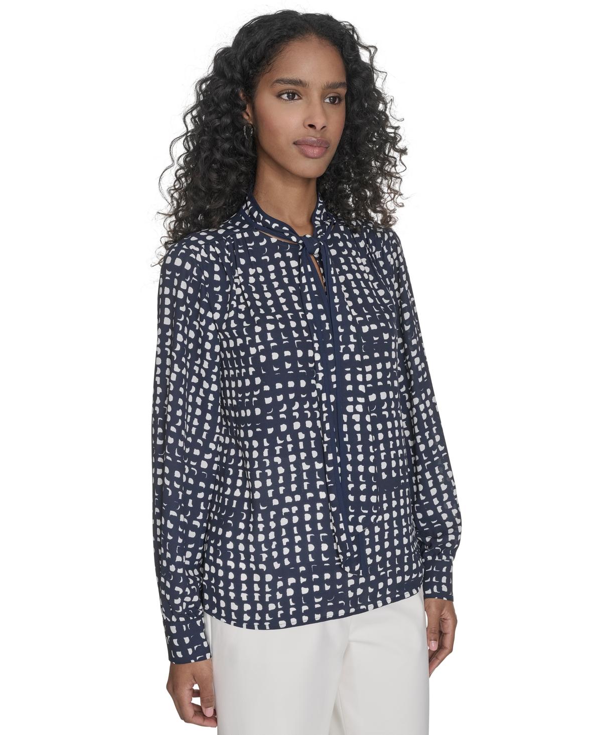 売れ筋商品|||カルバンクライン カットソー トップス レディース Petite Printed Long Sleeve Tie-Neck Blouse Navy/cream Calvin Klein Petite Printed Long Sleeve Tie-neck Blouse in