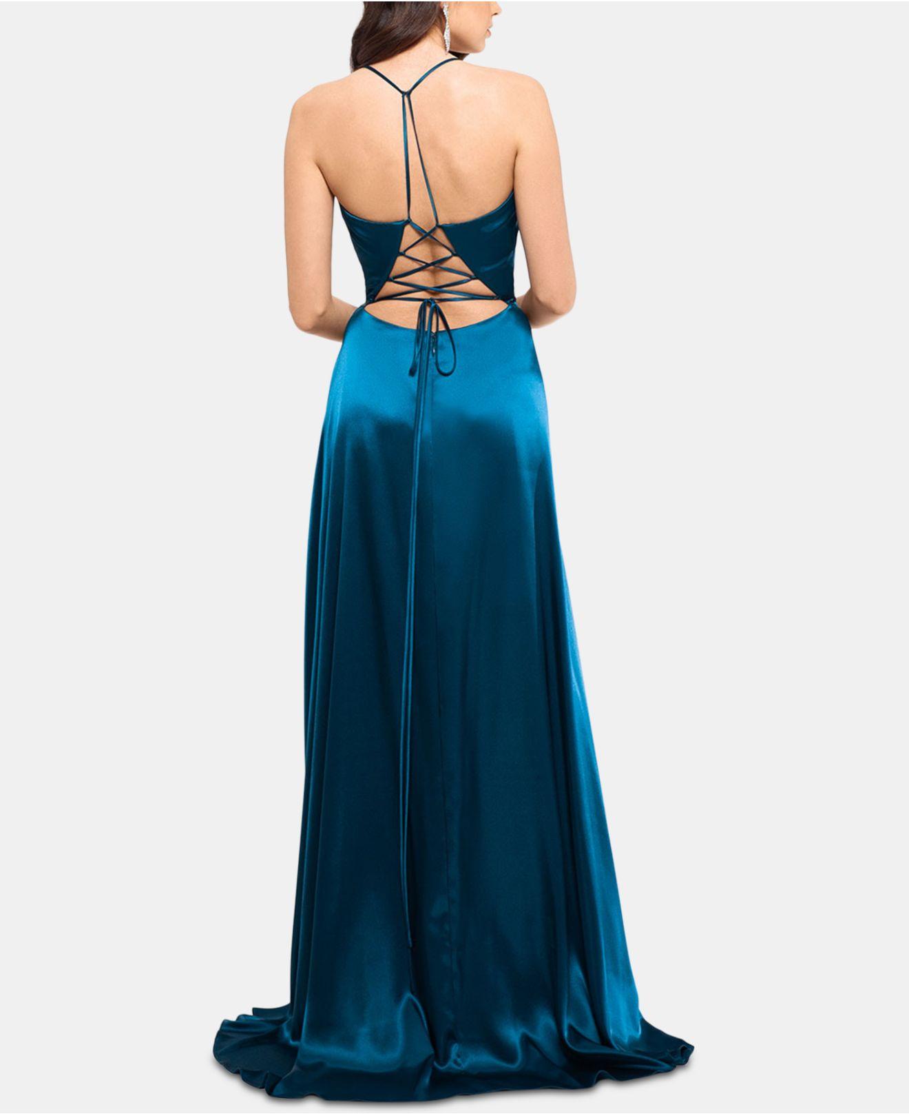 Betsy & Adam Lace-up Illusion Satin Gown in Blue | Lyst