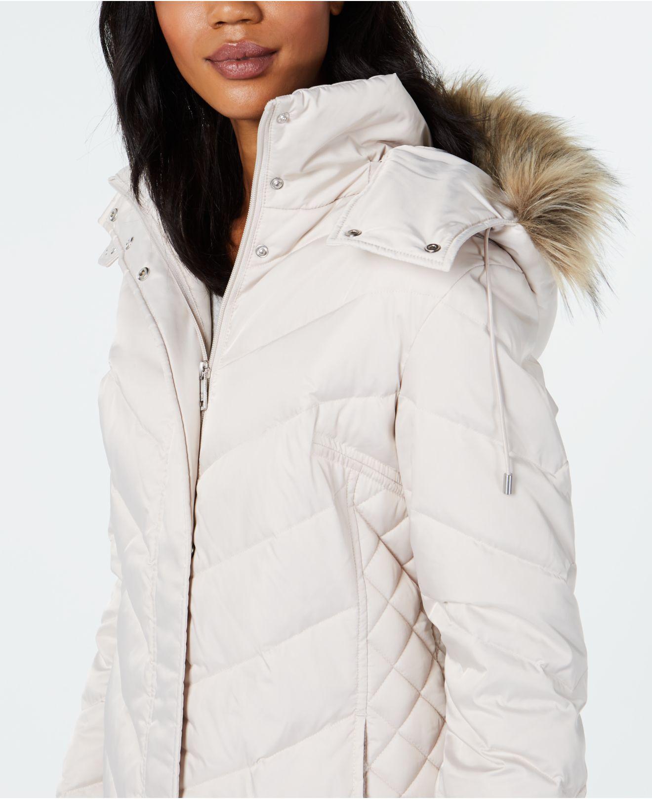 kenneth cole new york hooded puffer coat with faux fur trim
