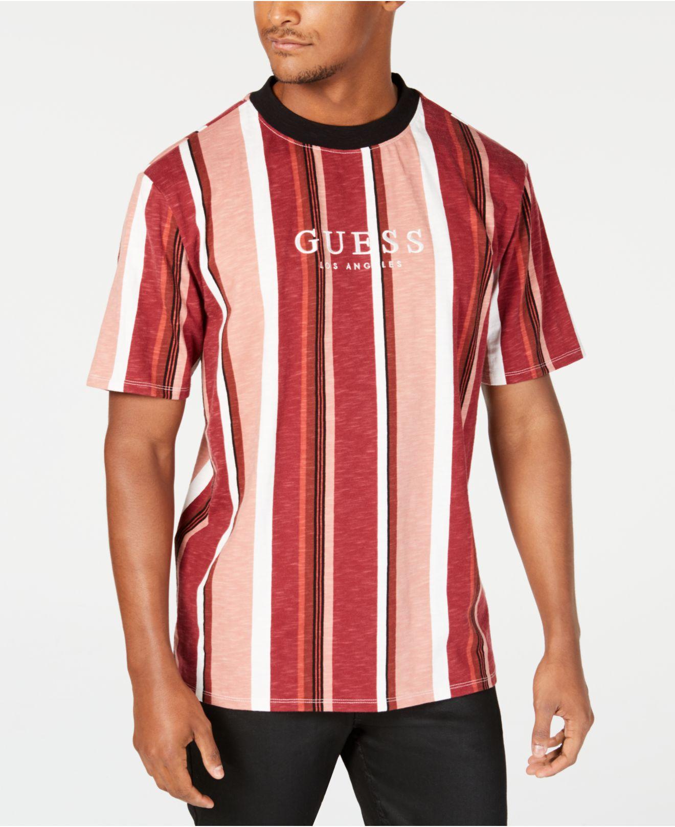 Guess Striped Logo T-shirt in Red for Men | Lyst