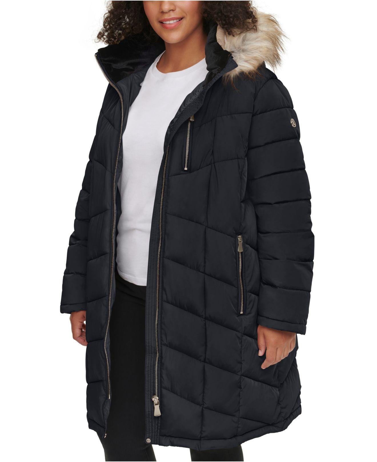 Calvin Klein Plus Size Faux-fur Trim Hooded Puffer Coat in Navy (Blue ...