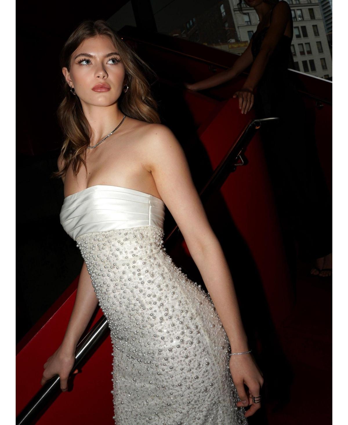 Miss Circle Lainey Satin Sequin Pearls Beaded Maxi Dress in White | Lyst
