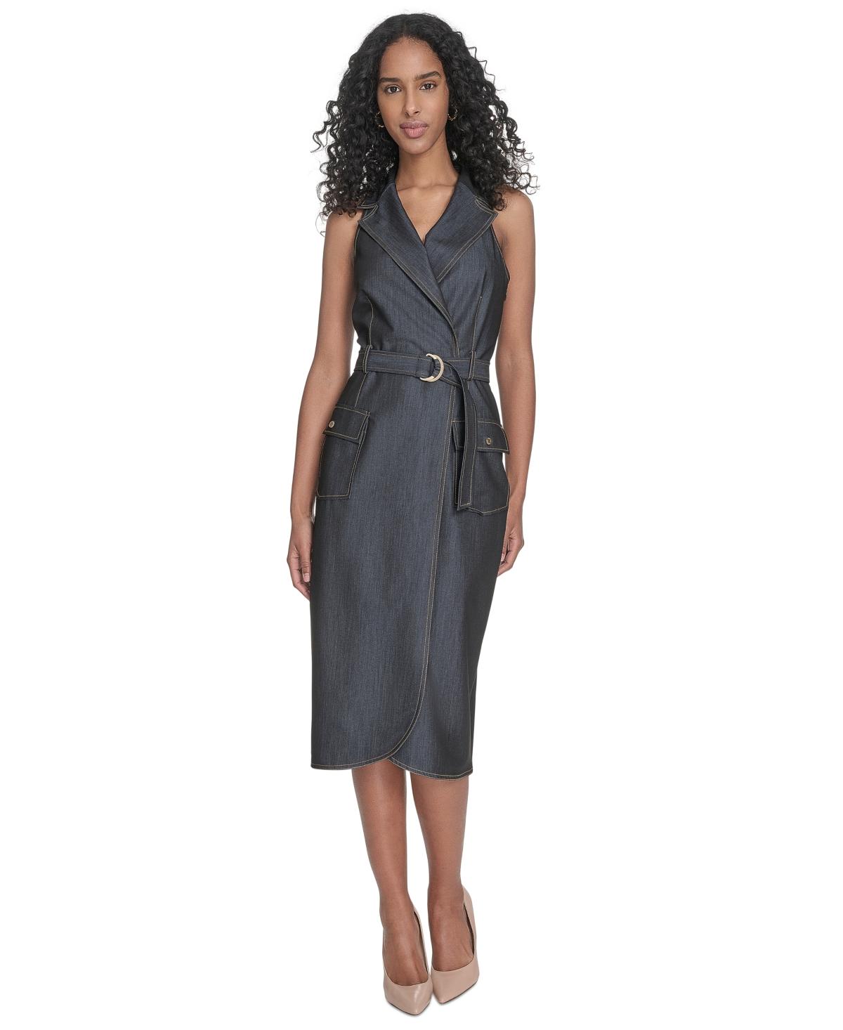 Calvin Klein Belted Denim Faux-wrap Dress in Blue | Lyst