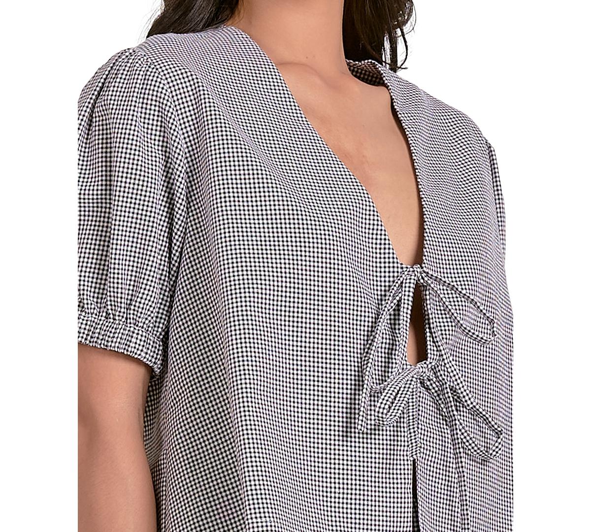 売れ筋商品|||エラン カットソー トップス レディース Women's Seersucker Tie-Front Puff-Sleeve Top Black Gingham Elan Gingham Tie-front Puff-sleeve Top in Gray | Lyst
