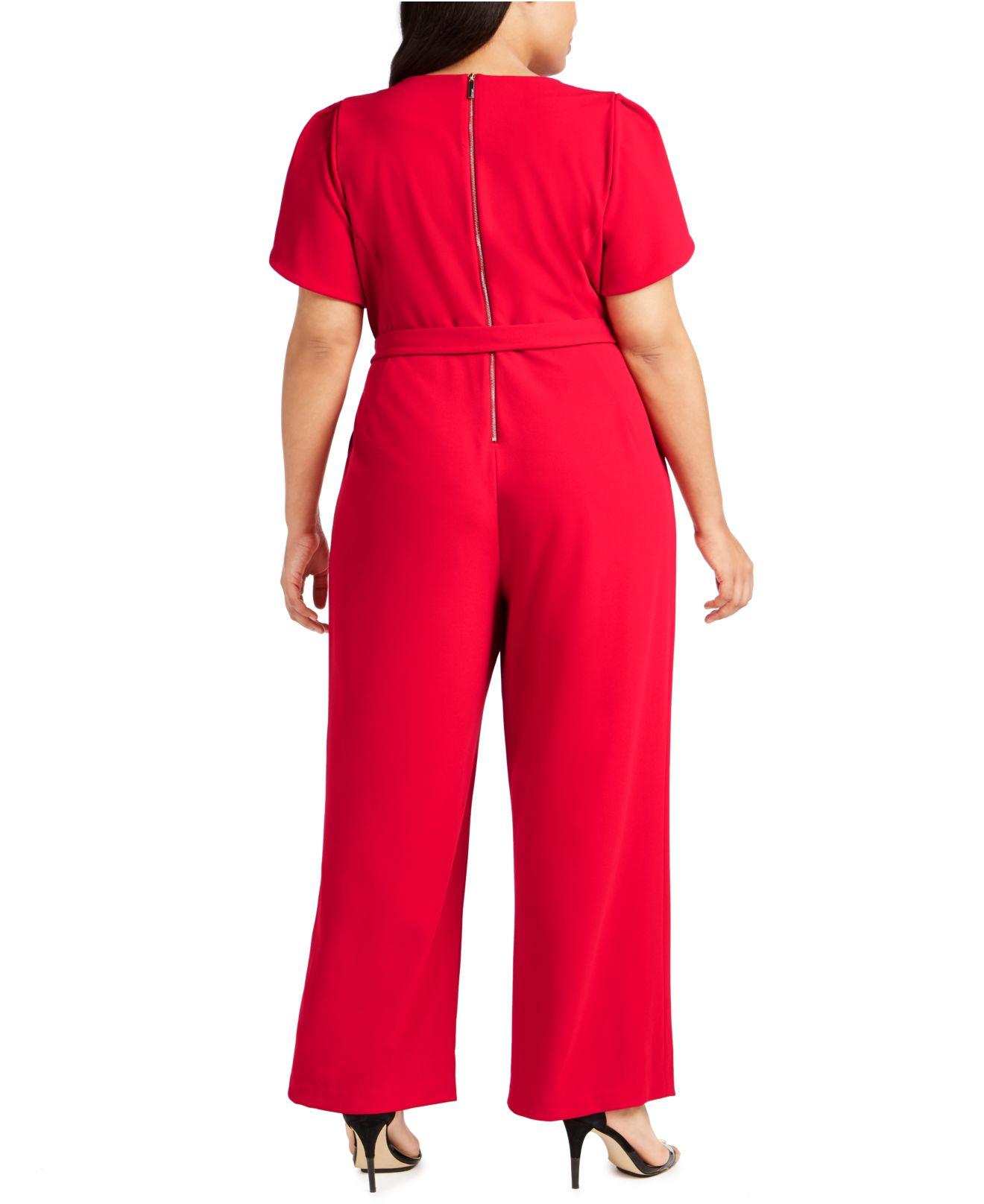 Calvin Klein Synthetic Plus Size Tulip-sleeve Belted Jumpsuit in Red - Lyst