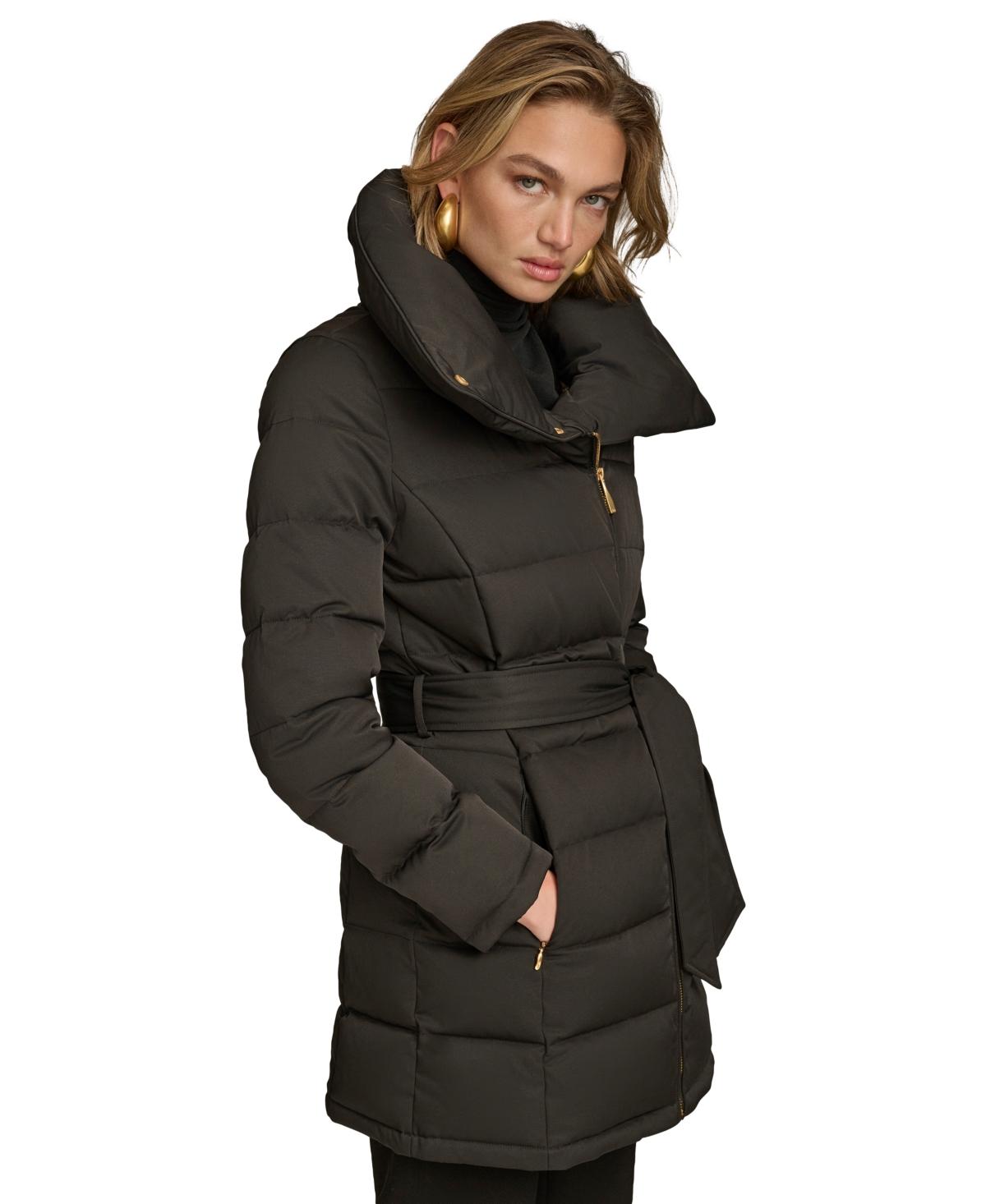 Donna Karan Belted Asymmetric Puffer Coat in Black | Lyst
