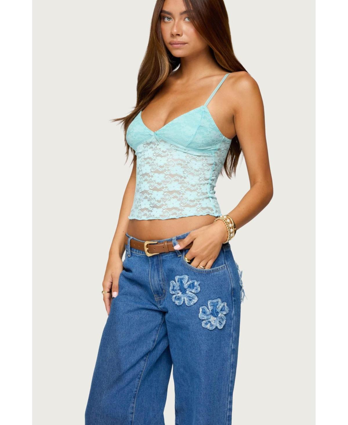 Edikted Eira Sheer Lace Tank Top in Blue Lyst
