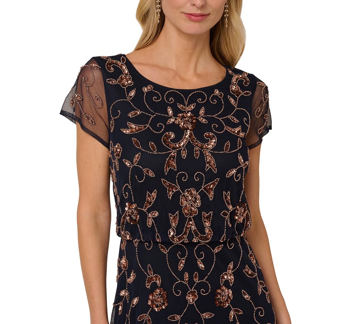 Boat Neck Short Sleeve Beaded Blouson Gown Designer Adrianna